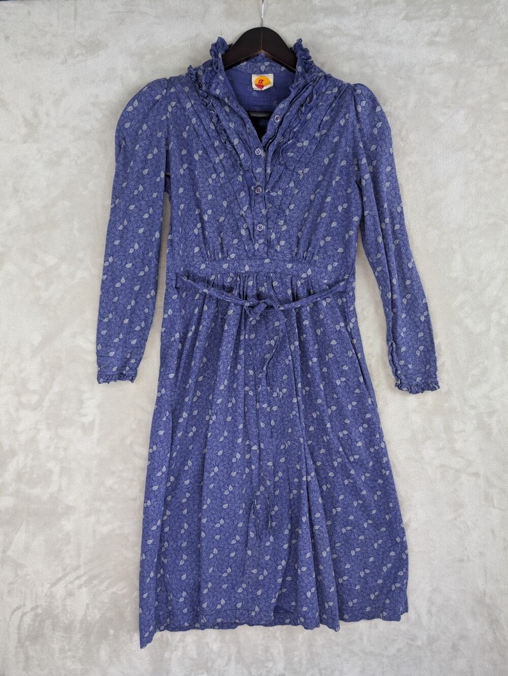 Vintage Rene Derhy Blue Leaf Prairie Dress Ruffle Collar Medium Cottagecore